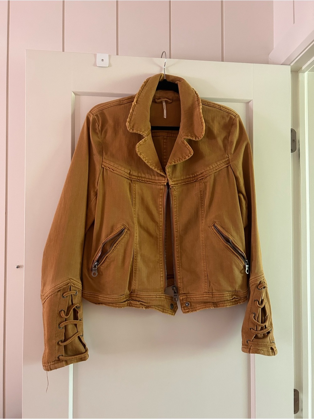 Free People Tan Lace-Up Sleeve Zip-Front Jean Jacket